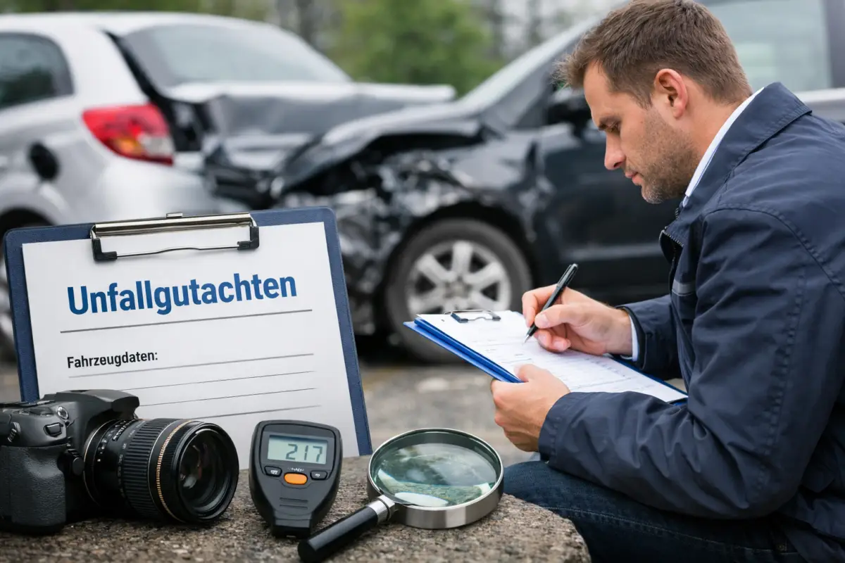 Symbolbild einer Schadenaufnahme an einem beschädigten Fahrzeug